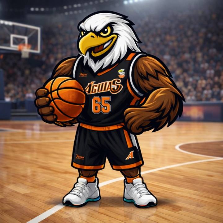 Mascote do Águias com uniforme preto e laranja segurando uma bola de basquete